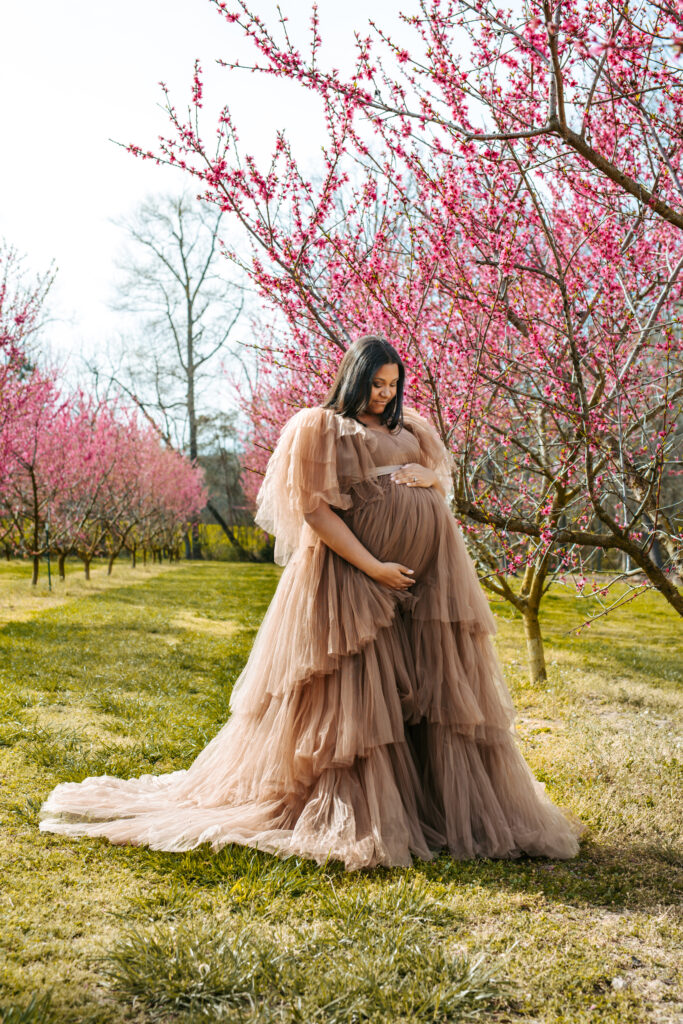 Elegant Maternity portrait amid the Peach blooms at Millstone Creek Orchard - By RattTrap Artistry 