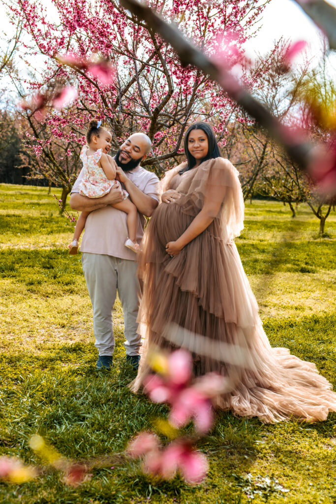 Elegant Family of three Maternity Session amid the Peach blooms at Millstone Creek Orchard - Photo By RattTrap Artistry 