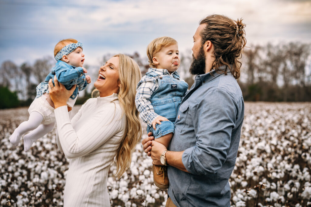 Family Laughing in a Cotton Field in Albemarle North Carolina by RattTrap Artistry North Carolina Family Photographer 