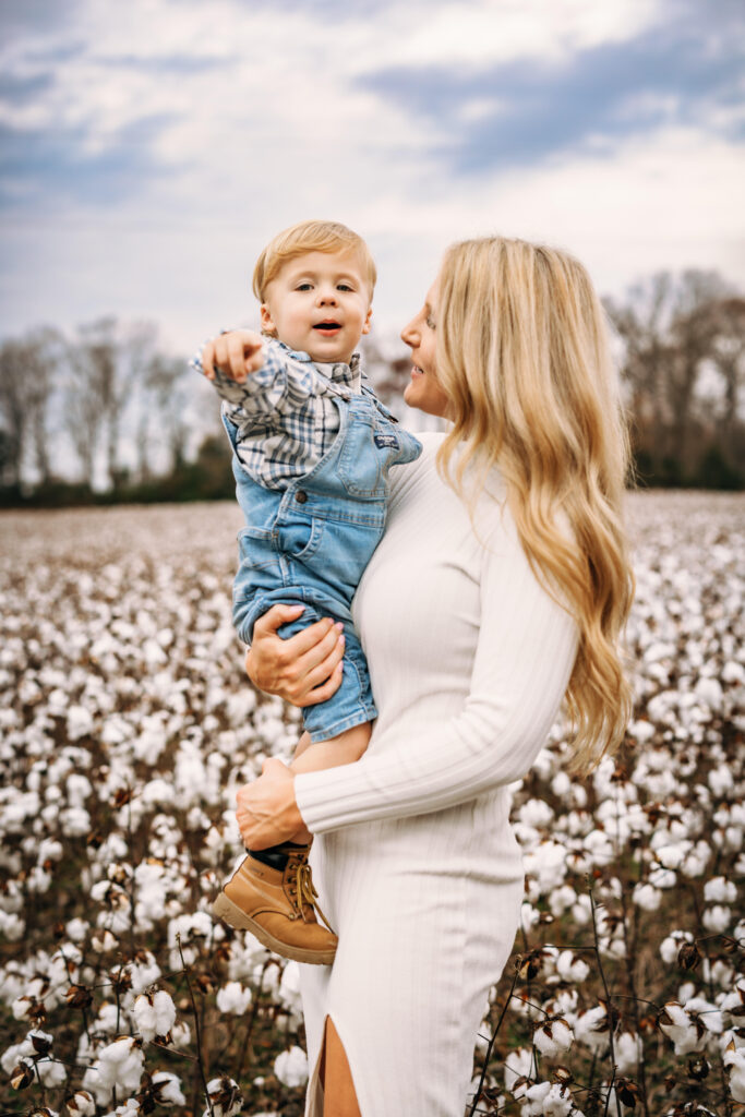 mother and son in a cotton field By North Carolina Family Photographer 