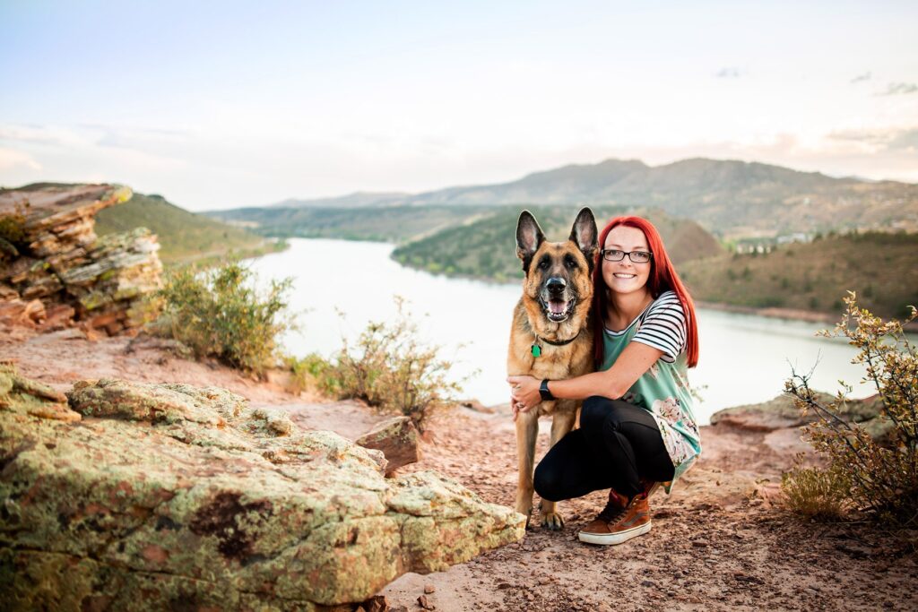 Portrait of a german shepherd and their human at horse tooth in Colorado 